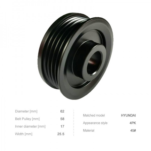 【JXP4008】Alternator    4 groove pulley   for  HYUNDAI    Diameter: 62[mm];  Belt Pulley: 58[mm];  Inner diameter: 17[mm];  Width: 25.5[mm]   OEM:37300-22600